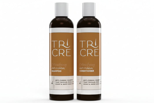 Tri Cre Antifungal shampoo and conditioner for psoriasis, seborrheic dermatitis and other scalp disorders and inflammatory conditions.